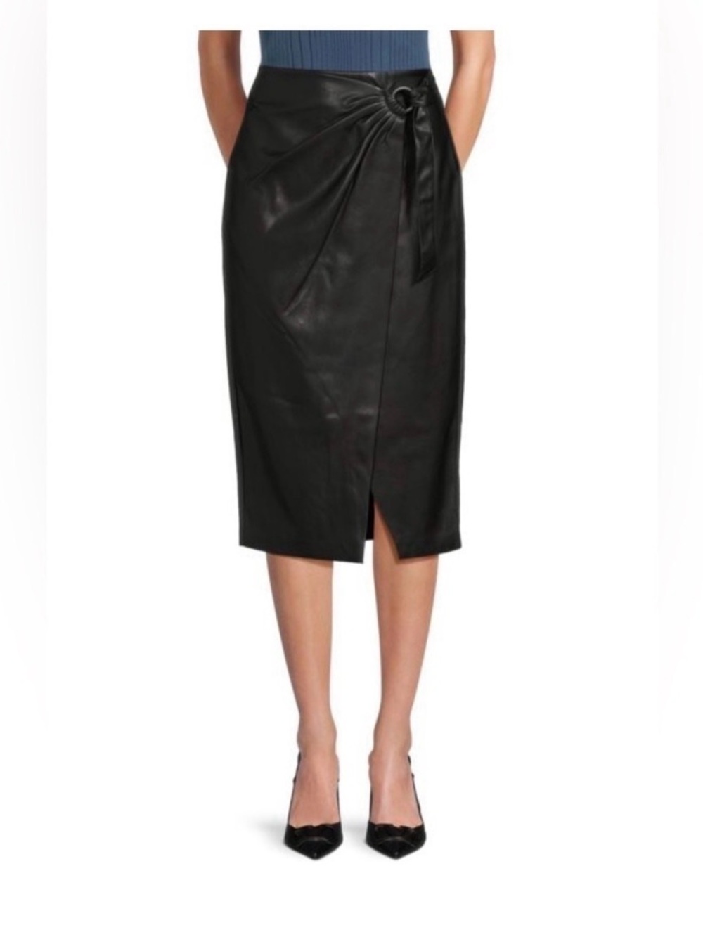 Tahari Black Faux Leather Midi Pencil Skirt - 12